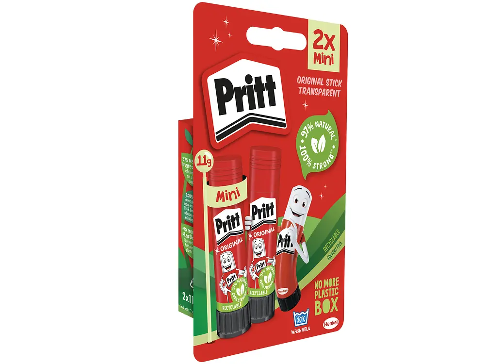 Rote Verpackung aus Pappe des Pritt-Klebestifts.