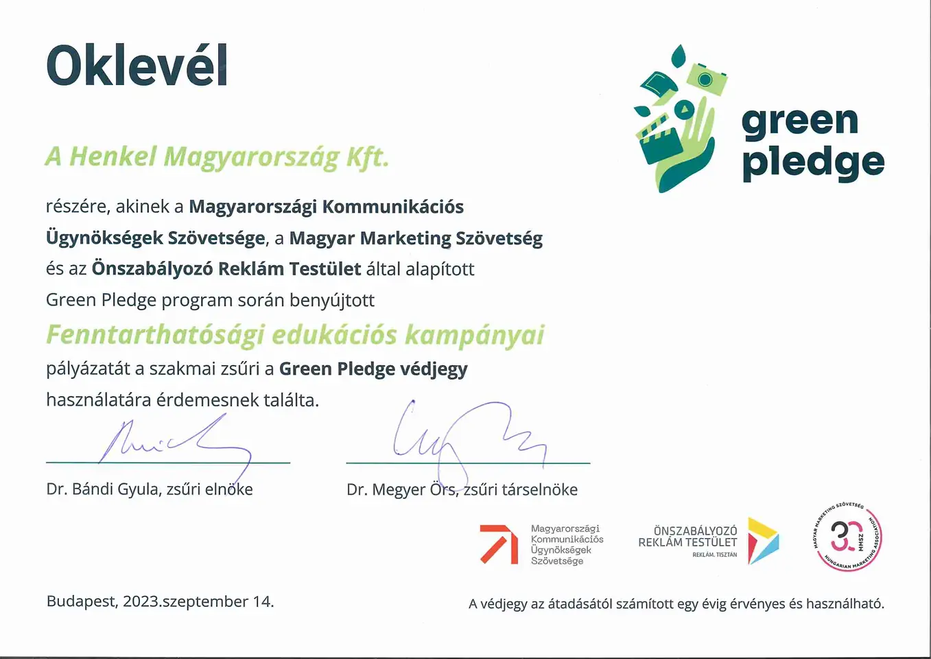 Green Pledge oklevél